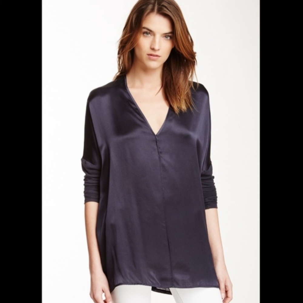 VINCE Navy Blue Silk & Wool Blend Vneck‎ Long Sleeve Blouse Women's Size L